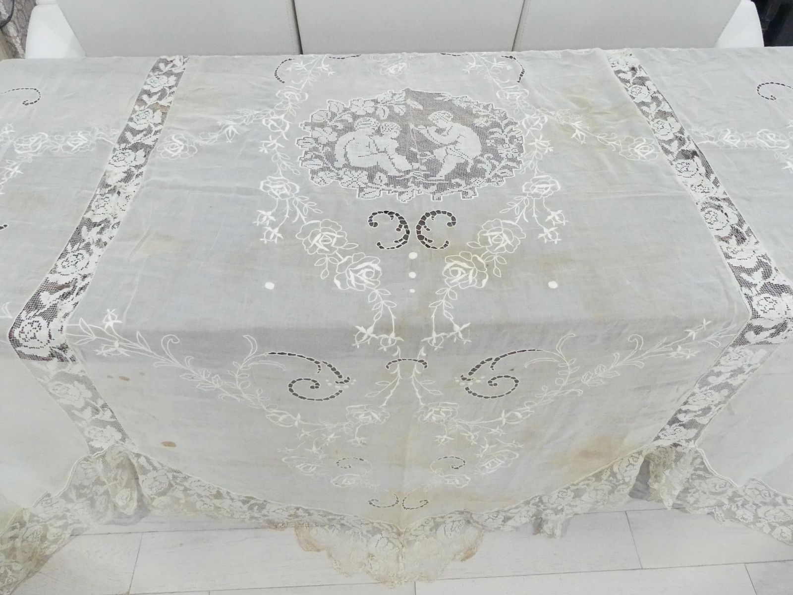 Antique Gauze Embroidered & Lace Curtain: approx. 82 wide, 86 long, has some discoloration, needs cleaning, see photo's