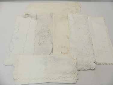 Lot of 7 Various Vintage White Linen Table Runners