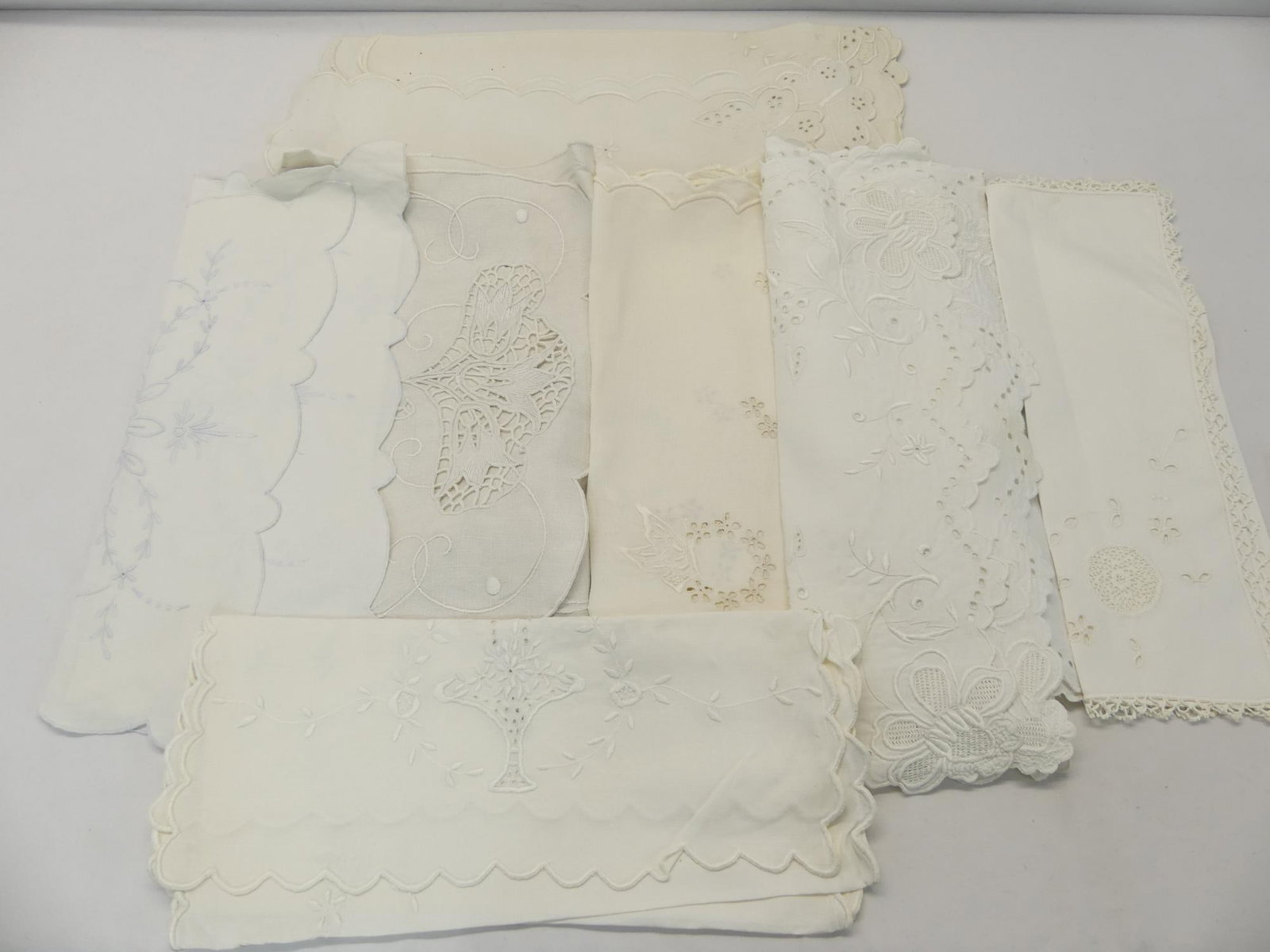 Lot of 7 Various Vintage White Linen Table Runners: see photo's