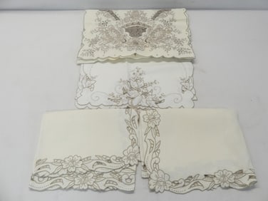 Lot of 4 Various Vintage Embroidered & Cut Work Table Runners
