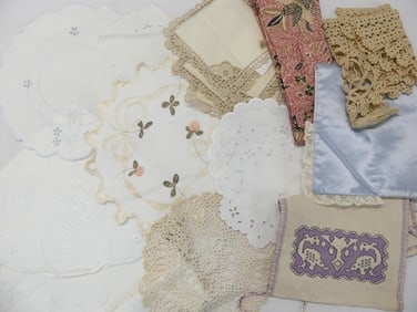 Lot of Various Vintage Textiles, Dollies, Hankie Bag, & More