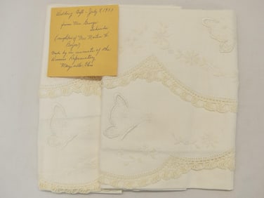 Vintage 1933 Pair of Hand Embroidered & Lace Trim Pillow Case's with Provenance