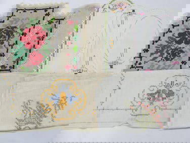 Lot of 6 Various Vintage Embroidered Linens, & 2 Unfinished Pillow Covers