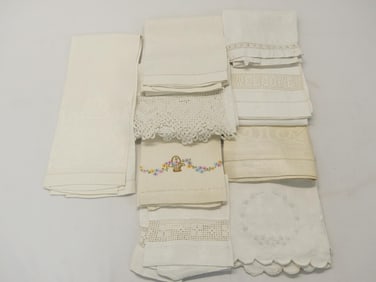 Lot of 9 Vintage Early 1900's Towels, Crochet Trim, Embroidered & Other