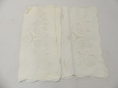 Pair of 2 Vintage White Madeira Embroidered Table Runners