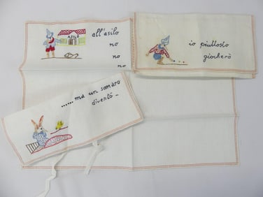 Lot of 2 Baby Embroidered Linen Cloths & Bib