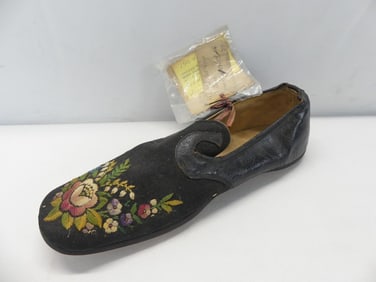 Antique 1877 W. H. Herring Shoe with Embroidery & Provenance