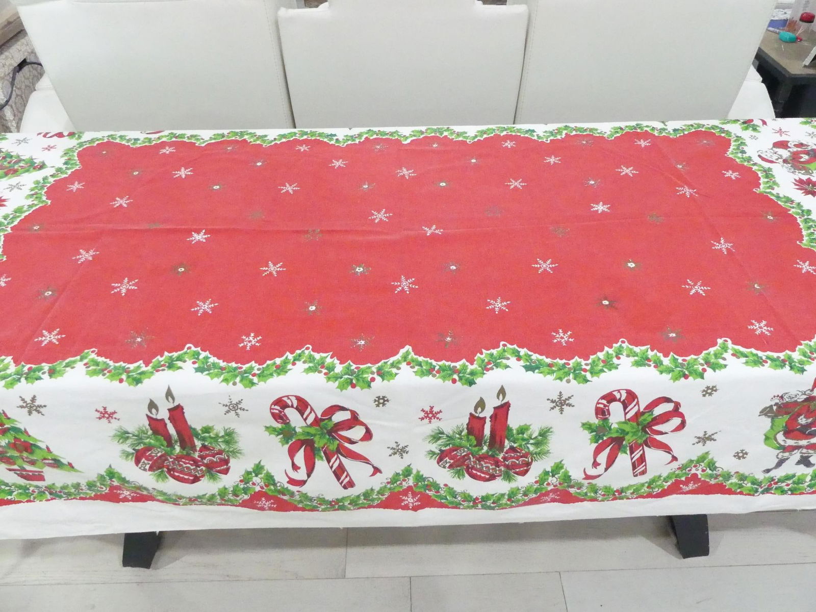 Vintage Cotton Printed Kitchen Christmas Tablecloth: approx. 80 x 52, small spots, see photo's