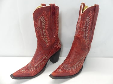 Vintage The Old Gringo Red Leather Snake Skin Print Embroidered Boots