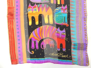Vintage Laurel Burch Silk Hand Rolled Scarf with Colorful Cats