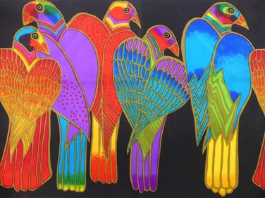 Vintage Laurel Burch Hand Rolled Silk Scarf, Colorful Birds