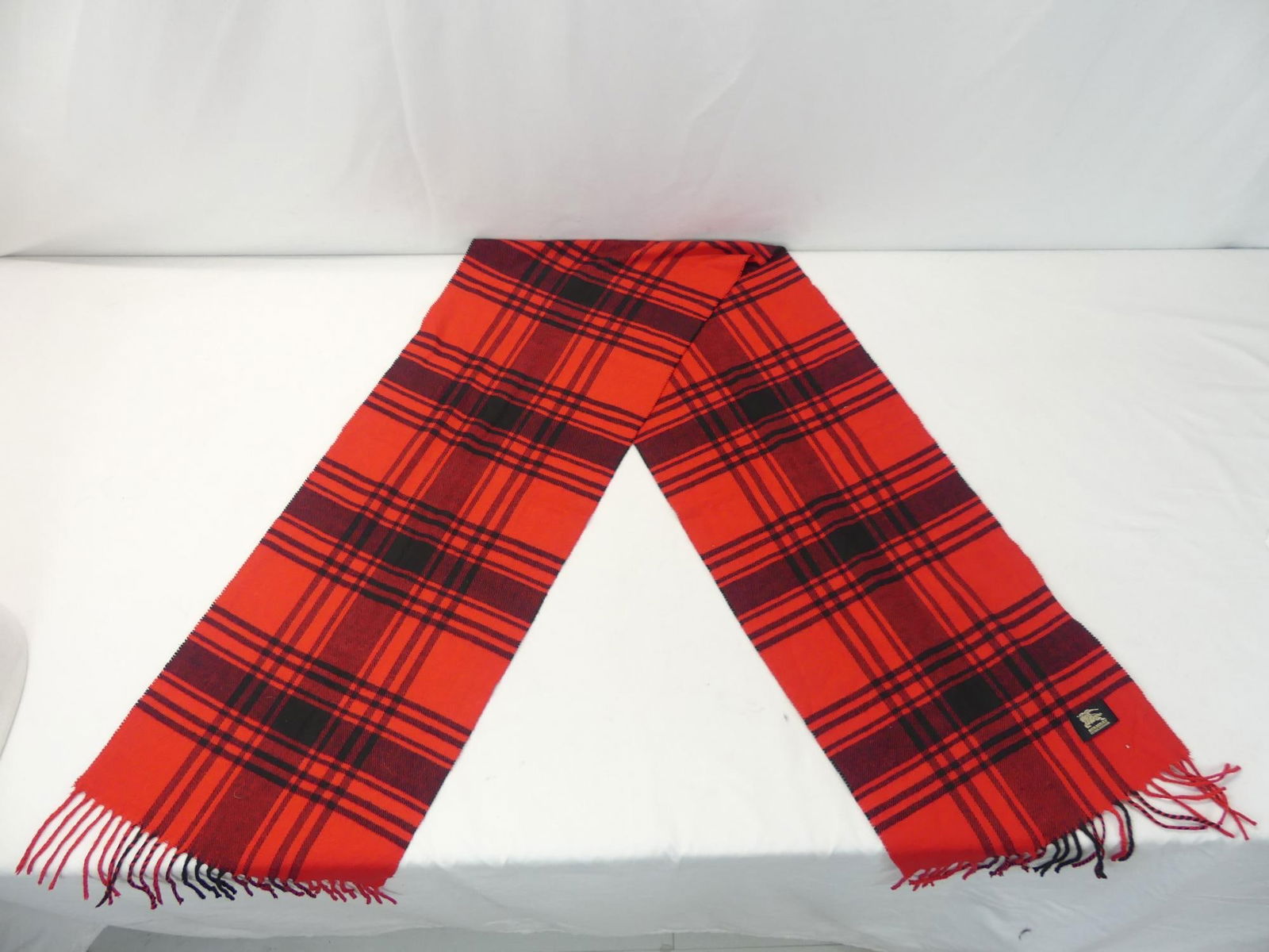 Vintage Burberry Red & Black Plaid Scarf: approx. 68 x 13, not including fringe, good condition, see photo's