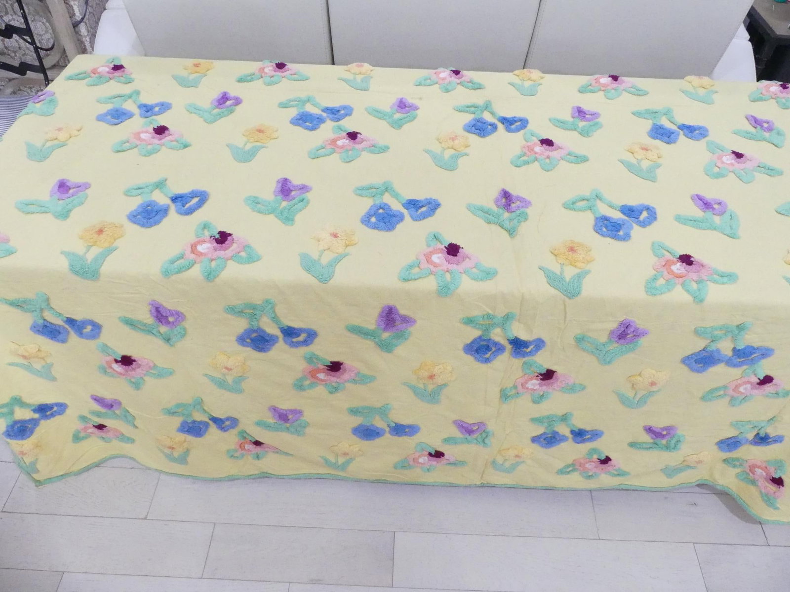 Vintage Yellow Floral Chenille Bedspread (1 of 8)