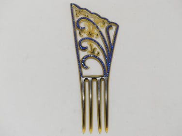 Beautiful Antique Celluloid/Shell & Blue Rhinestone Ex-Large Hair Comb