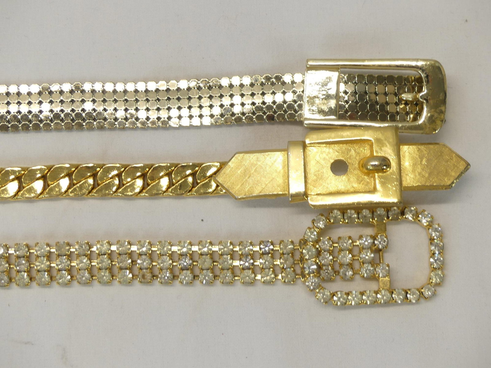 Lot of 3 Vintage Belts, Rhinestone, Mesh, & Gold Linked: see photo's