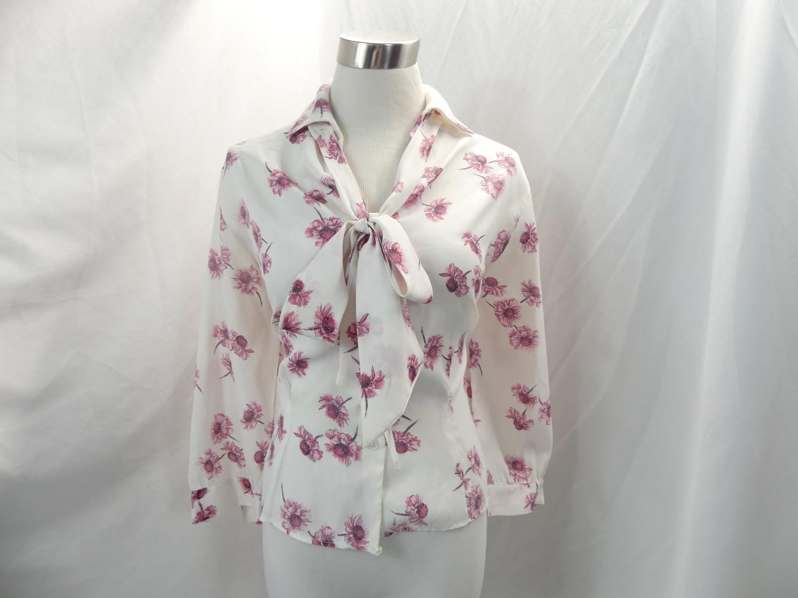 Vintage 1970's White Nylon & Pink Floral Blouse with Pussy Bow: approx. 42 bust, 34 waist, underarm seam repair needed, see photo's