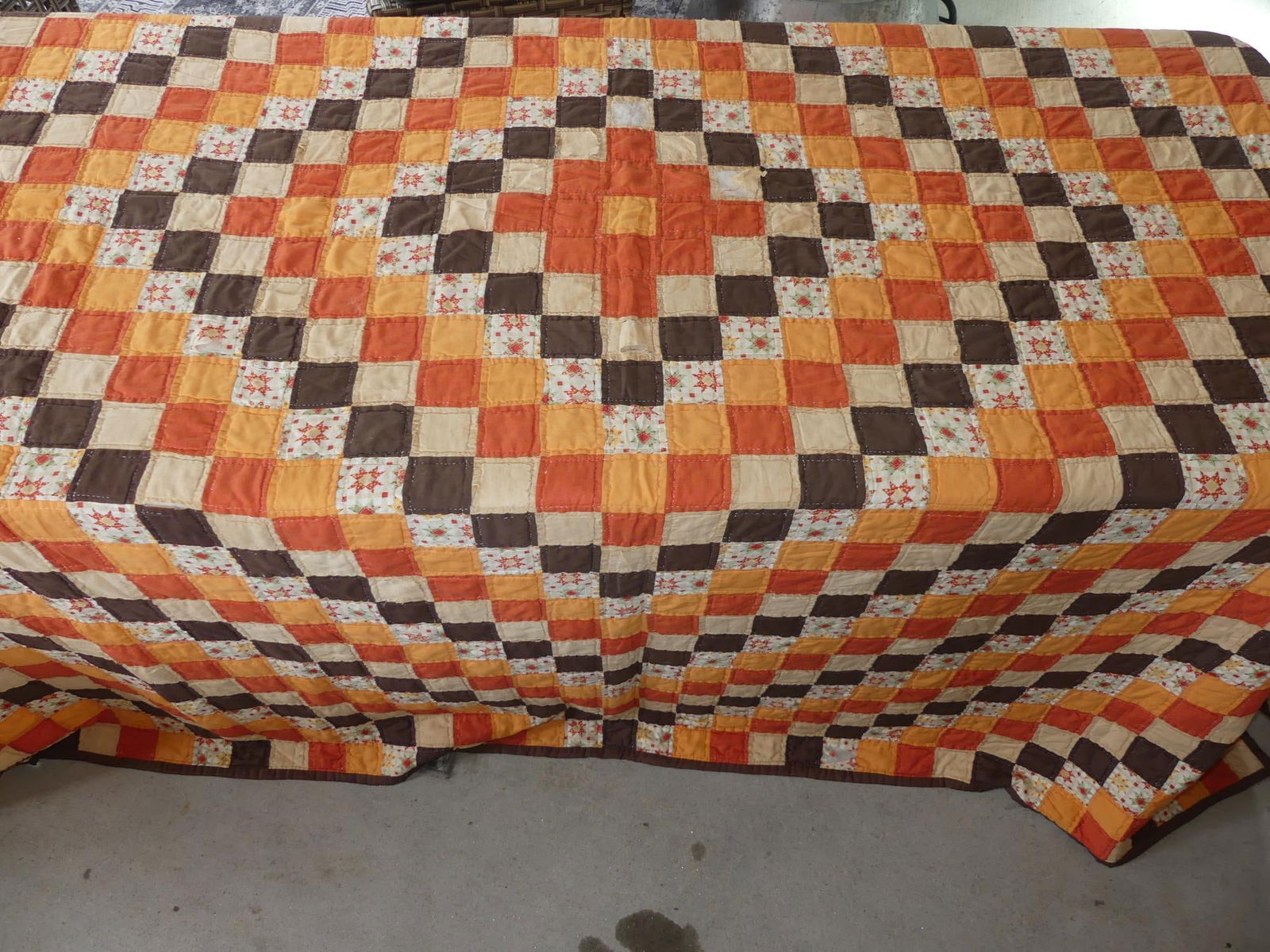 Vintage 1970's Orange, Brown & Tan Hand Stitched Quilt (1 of 11)