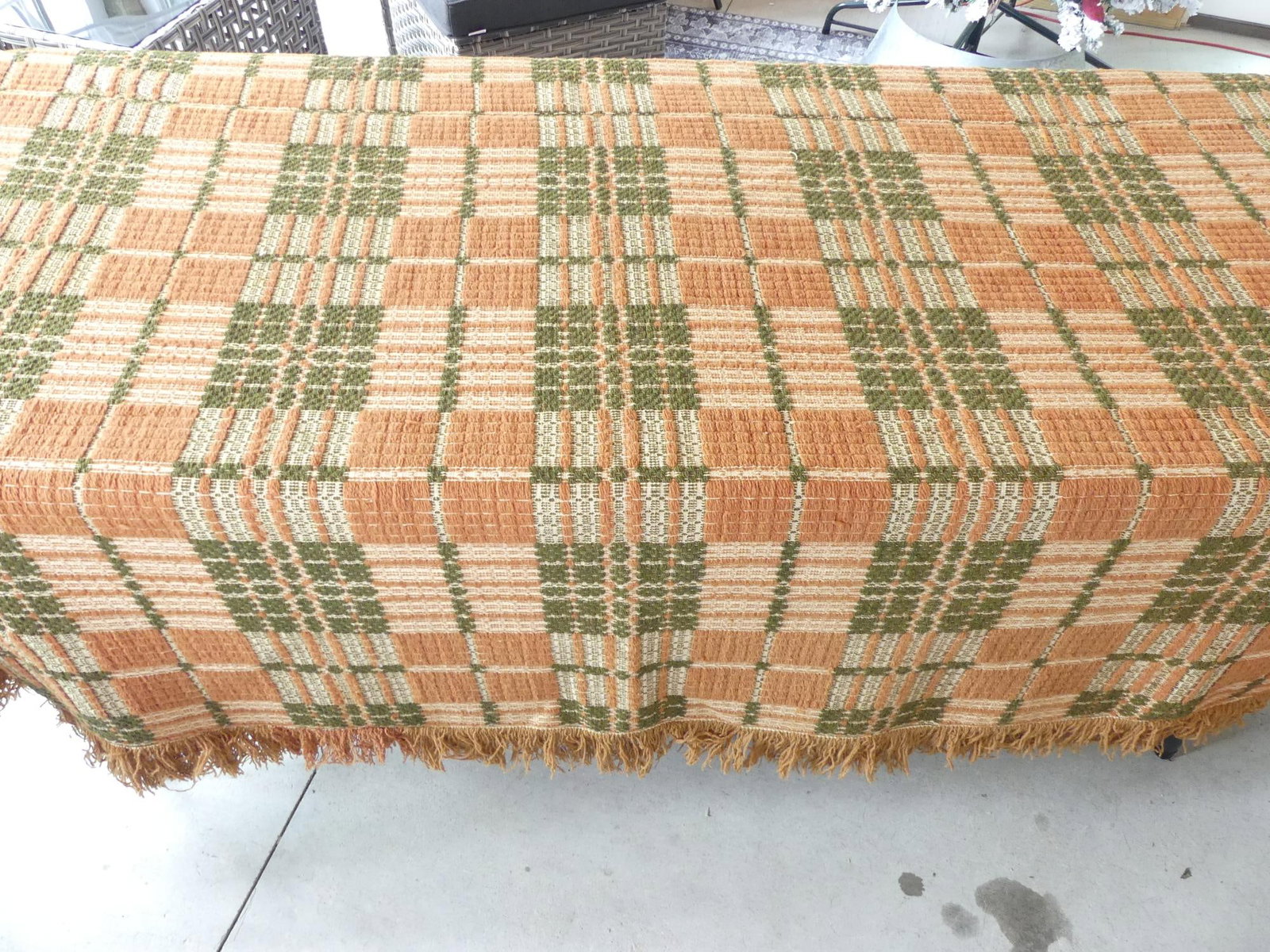Antique Green, Brown & Cream Woven Jacquard Coverlet: approx. 82 x 94, missing some fringe, see photo's