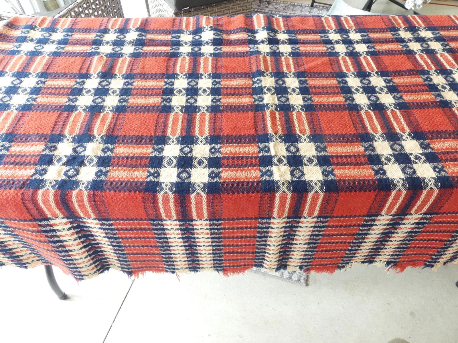Antique early 19th Century Red, White & Blue Woven Jacquard Coverlet (1 of 11)