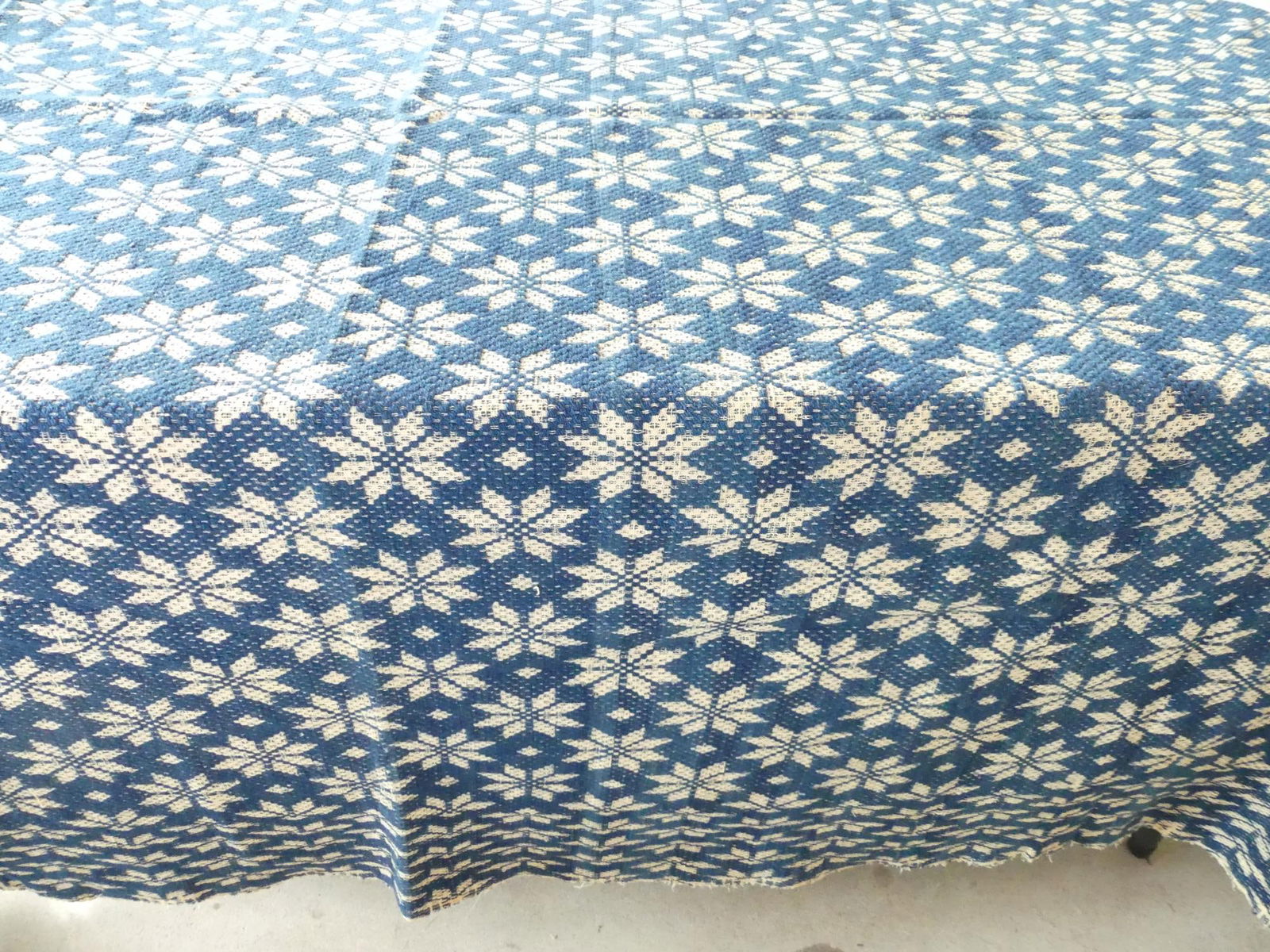 Antique Late 1800's Navy & Cream Star Flower Pattern Woven Jacquard Coverlet (1 of 8)