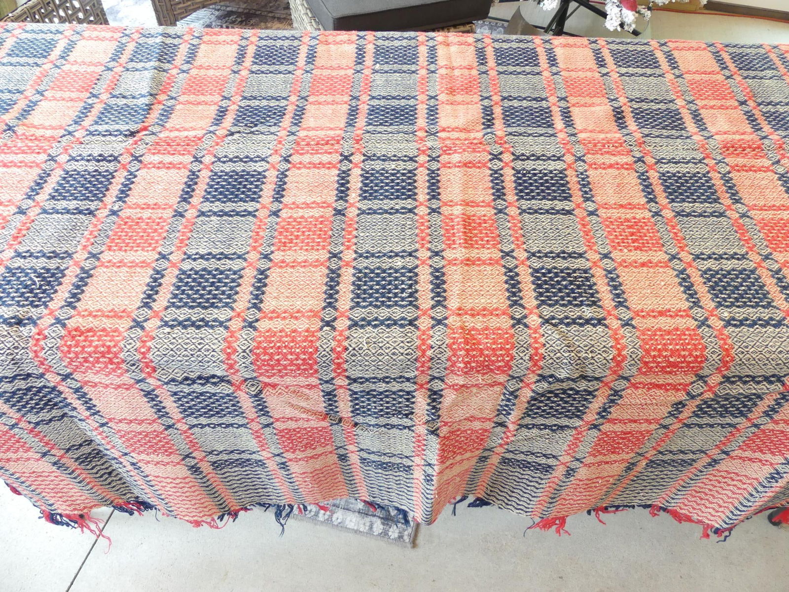 Antique 19th Century Woven Red, White & Blue Jacquard Coverlet (1 of 16)