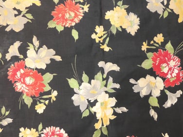 Vintage 1930/40's Black Floral Cotton Fabric, 35 x 56,60,64, & 72