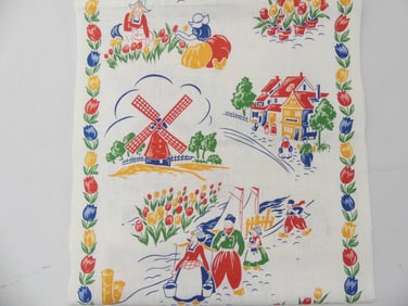 Vintage Old Store Stock Linen Dutch Print Kitchen Towel Fabric