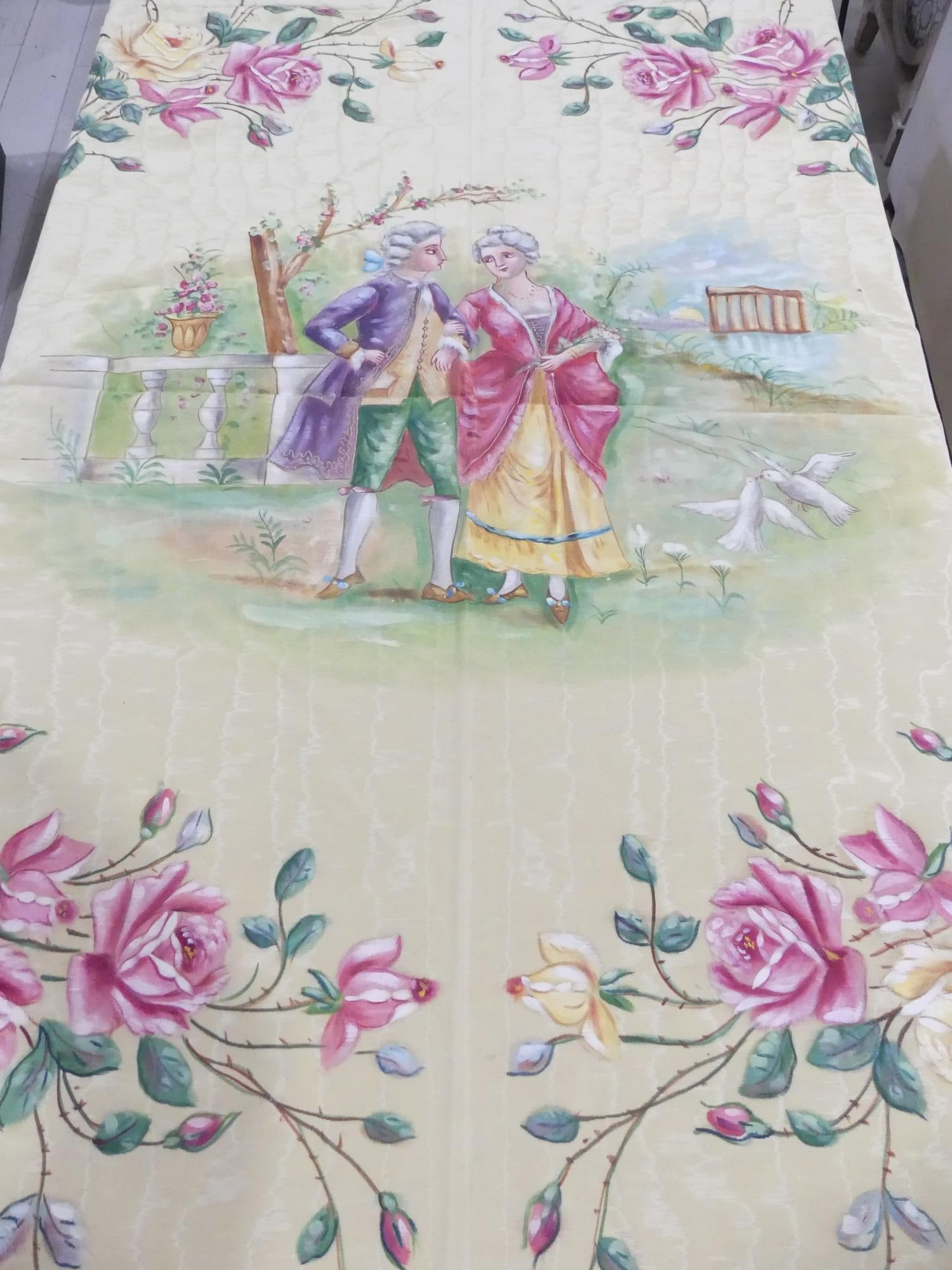 Stunning Antique Hand Painted Bedspread with Man & Woman (1 of 7)