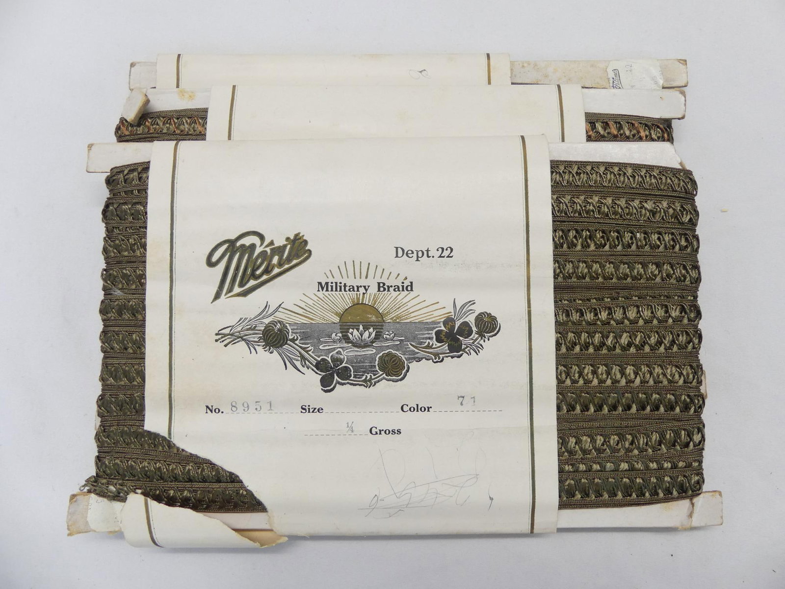 Lot of 3 Antique Merite Military Braid Trim, Sold at Filene's: old store stock with original packaging, see photo's