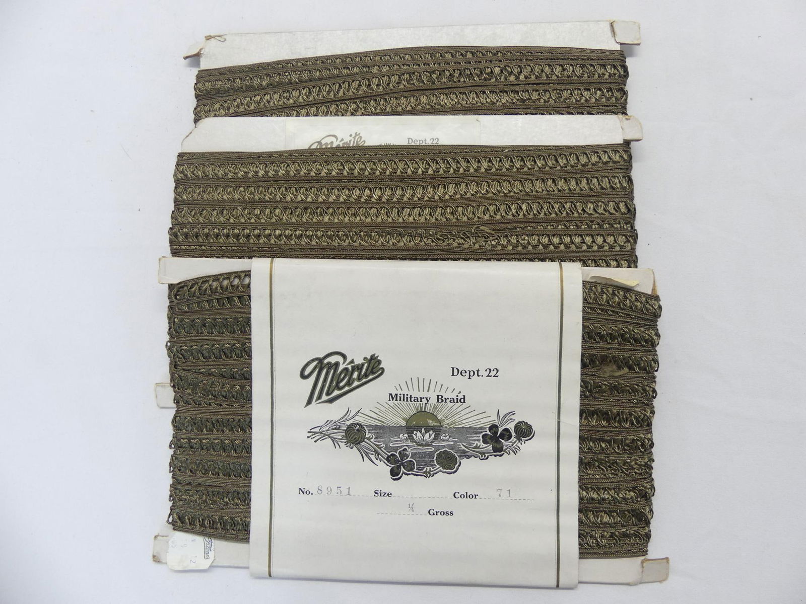 Lot of 3 Antique Merite Military Braid Trim, Sold at Filene's: old store stock with original packaging, see photo's