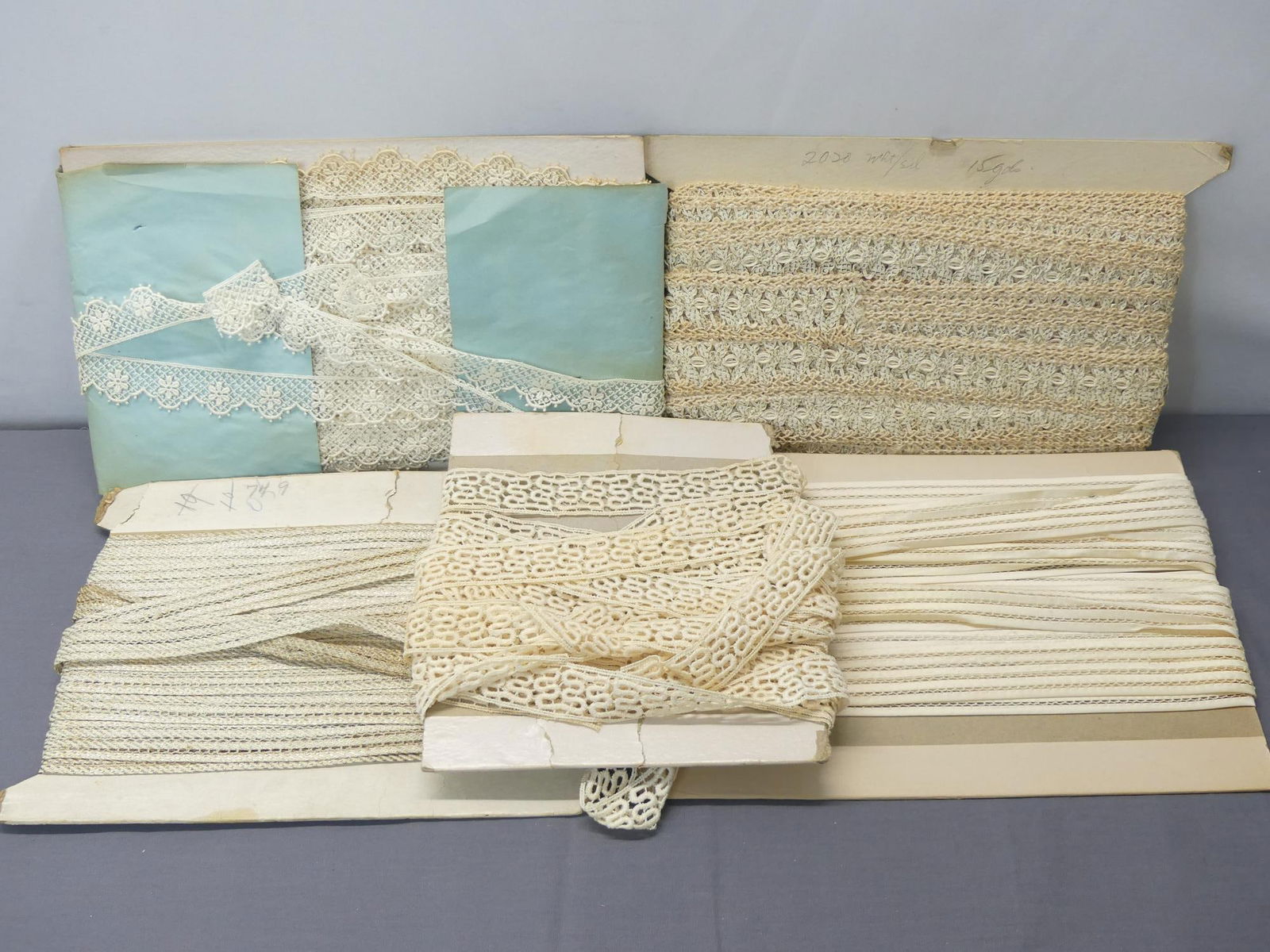 Lot of 7 Old Store Stock Vintage Lace, Satin & Metallic Trims: many yards, see photo's