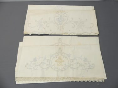 Lot of 2 Pair Vintage Old Stock Mixed Lace & Embroidered Pillowcases