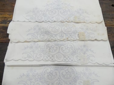 Lot of 2 Pair Old Store Stock Village Blue Embroidered Pillowcases