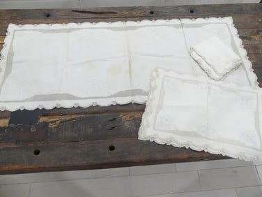 Vintage Linen Punch Work Embroidered Placemats, Napkins & Runner