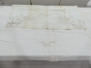 Antique Old Store Stock Embroidered Sheet & Pillow Topper Set