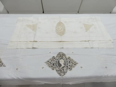 Antique Battenberg Lace Sheet & Matching Pillow Covers with Woman