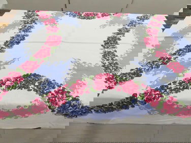 Vintage Blue with Red Floral Cotton Printed Kitchen Tablecloth