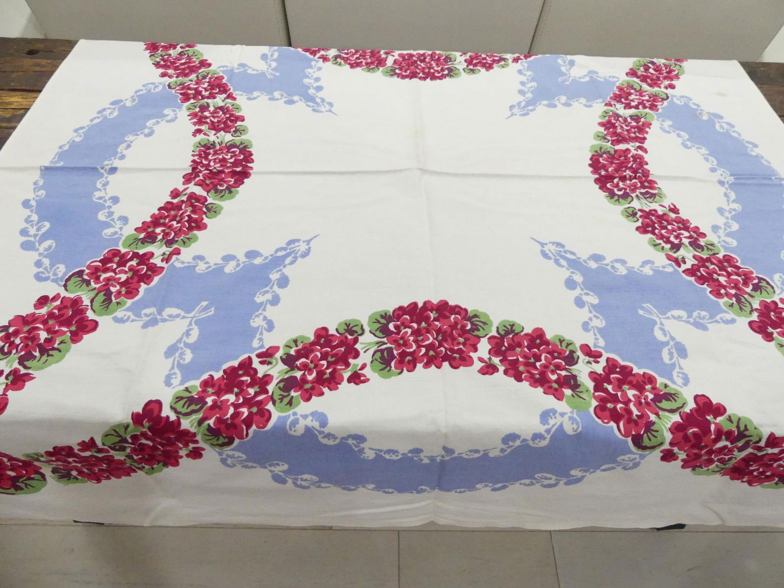 Vintage Blue with Red Floral Cotton Printed Kitchen Tablecloth (1 of 7)