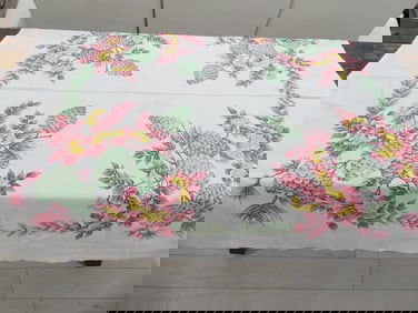 Vintage Cotton Printed Kitchen Tablecloth with Pinecones & Flowers