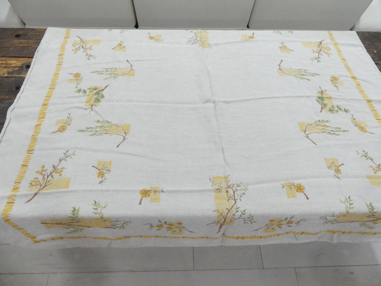 Vintage Printed Linen Kitchen Tablecloth with Yellow Berry Branches (1 of 3)