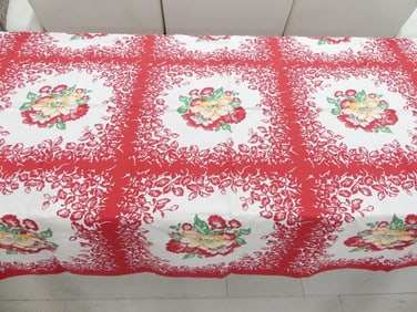 Vintage Red Floral Cotton Printed Kitchen Tablecloth Fabric, 54 x 70