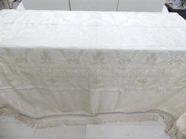 Vintage Made in Italy Beige Satin/Silk Damask Bedspread with Fringe