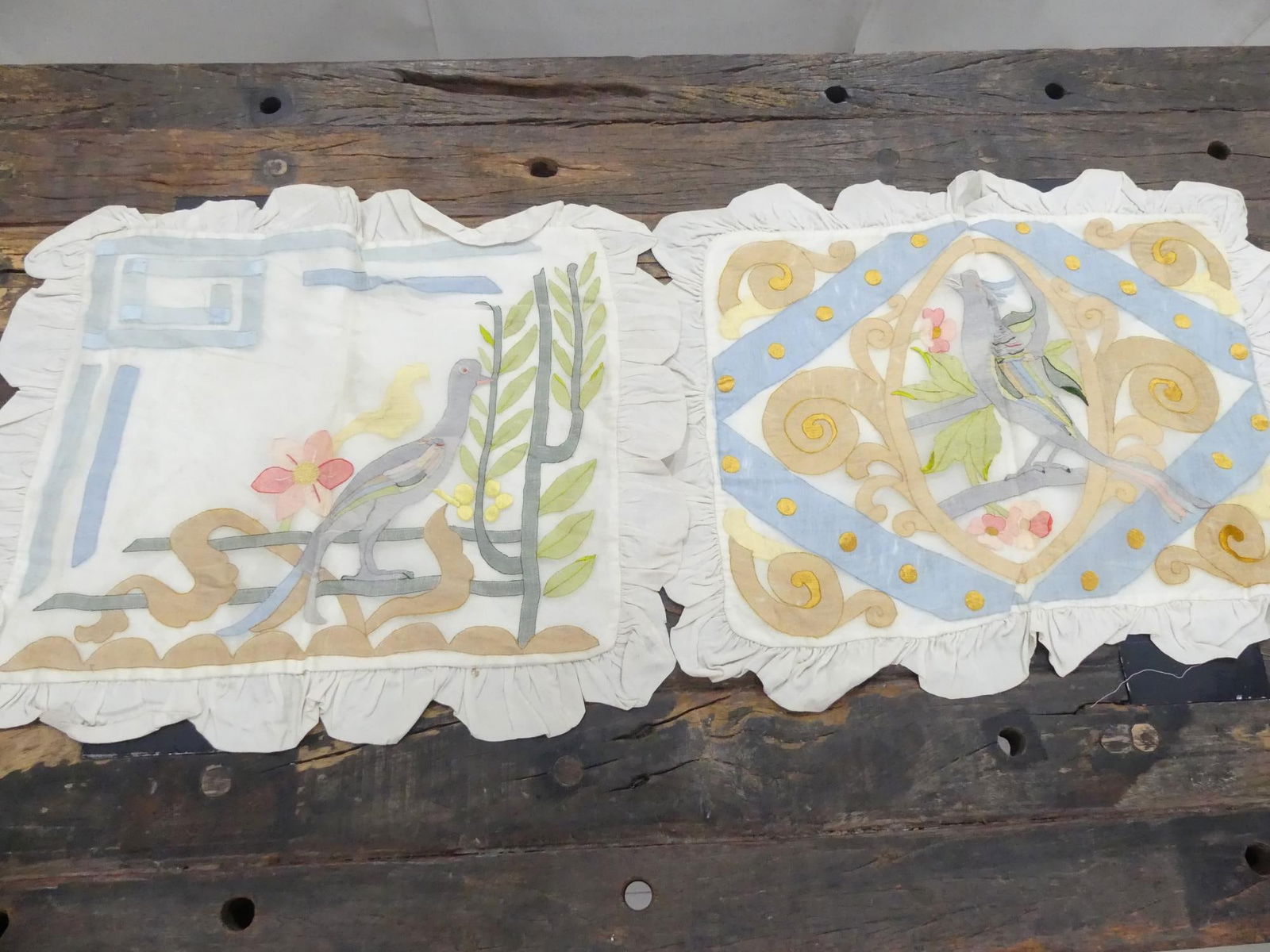 Pair of Vintage Silk Pillow Covers with Applique Birds (1 of 8)