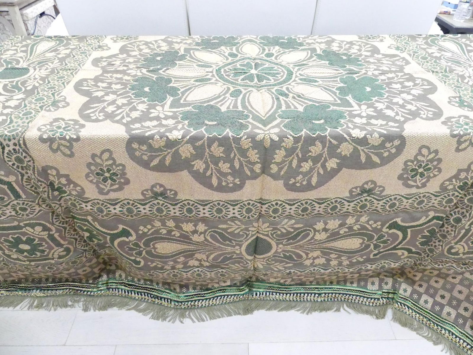 Vintage Old Store Stock Italian Silk Brocade Green & Gold Bedspread: approx. 98 x 90, see photo's