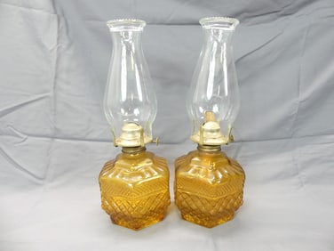 Pair of Vintage Amber Glass Oil Lamps with Chimney's