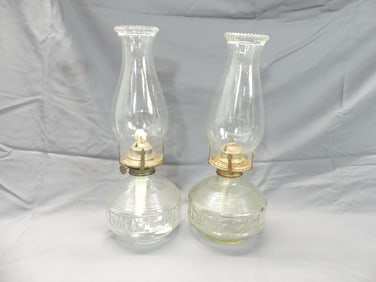 Pair of Vintage Clear Glass Oil Lamps with Chimney's