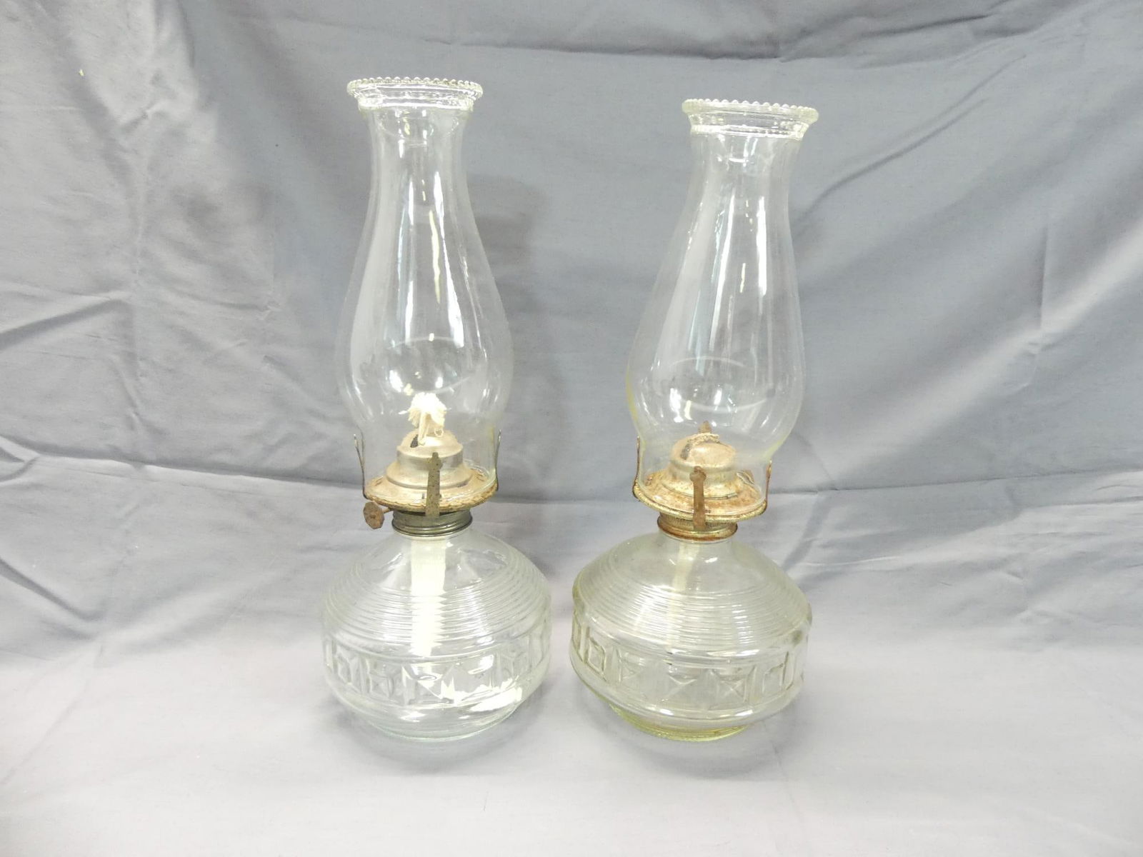 Pair of Vintage Clear Glass Oil Lamps with Chimney's (1 of 13)