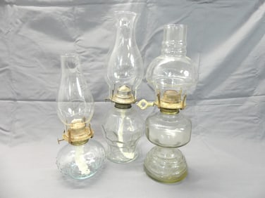 Lot of 3 Vintage Clear Glass Oil Lanterns with Chimney's