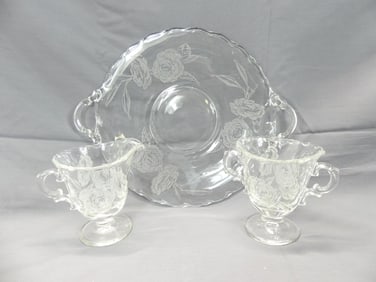 Vintage Fostoria Camilla Rose Etched Cream, Sugar & Platter