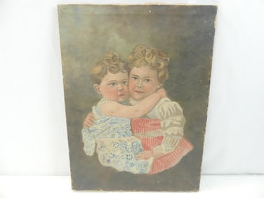 Antique Oil on Canvas 2 Hugging Girls